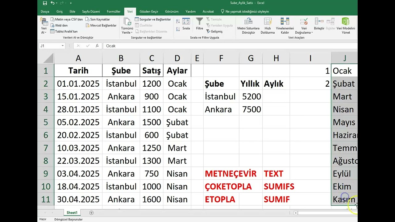 Excel de BENZERSİZ-UNİQE _ ETOPLA -SUMIF _ ÇOKETOPLA - SUMIFS _ AÇILIR LİSTE