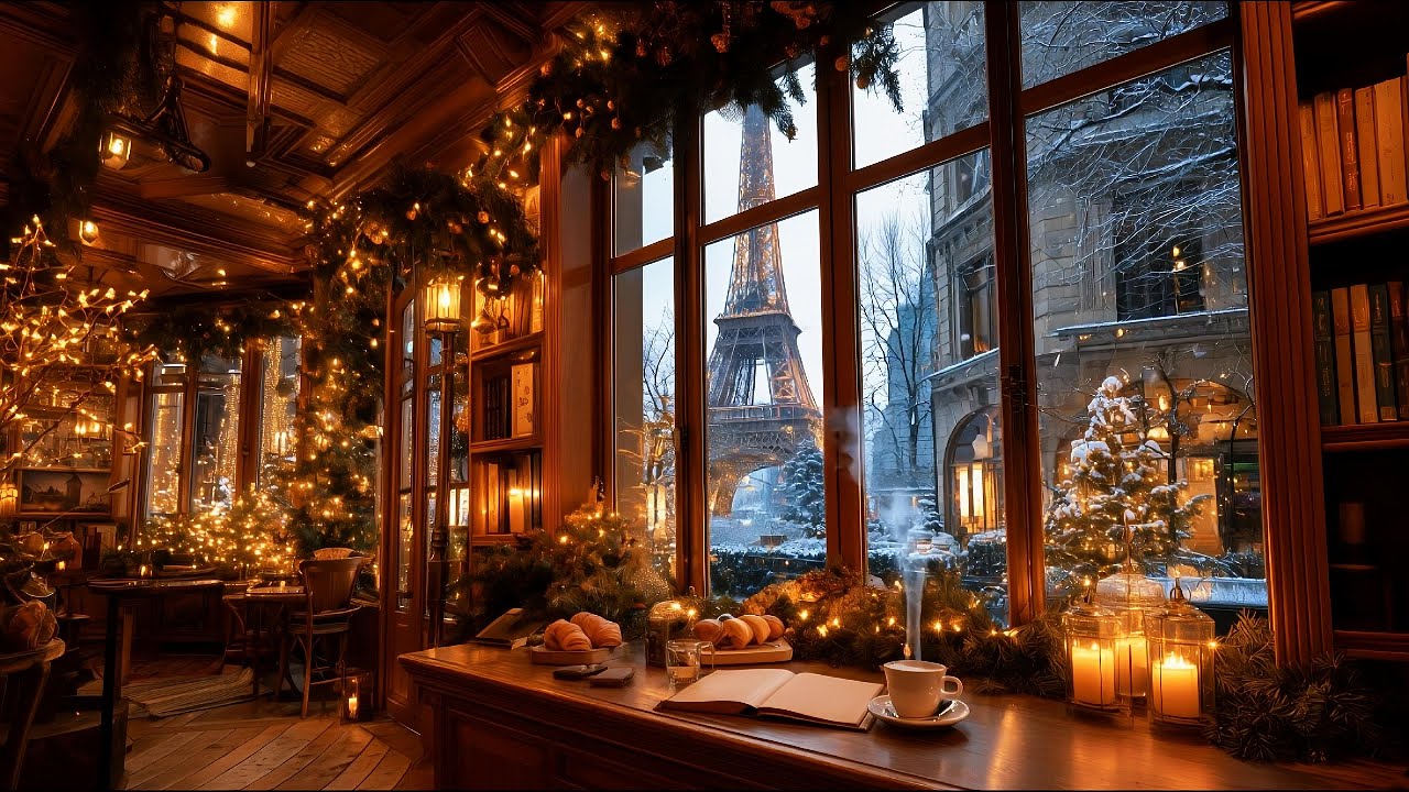 Winter Paris Café Ambience ☕ Smooth Jazz Piano Music with Eiffel Tower & Snow | Cozy Coffee Shop ❄️