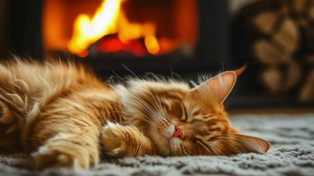 🐾 Purring Cat by the Fireplace 🔥 Soft Knitted Cozy & Deep Sleep