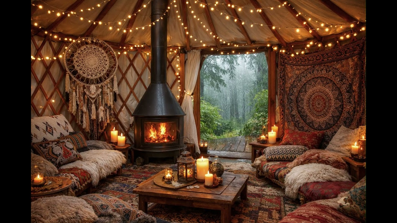 Candlelit Yurt in the Forest with Acoustic Guitar | Fireplace Sounds & Rain Ambiance for Relaxation