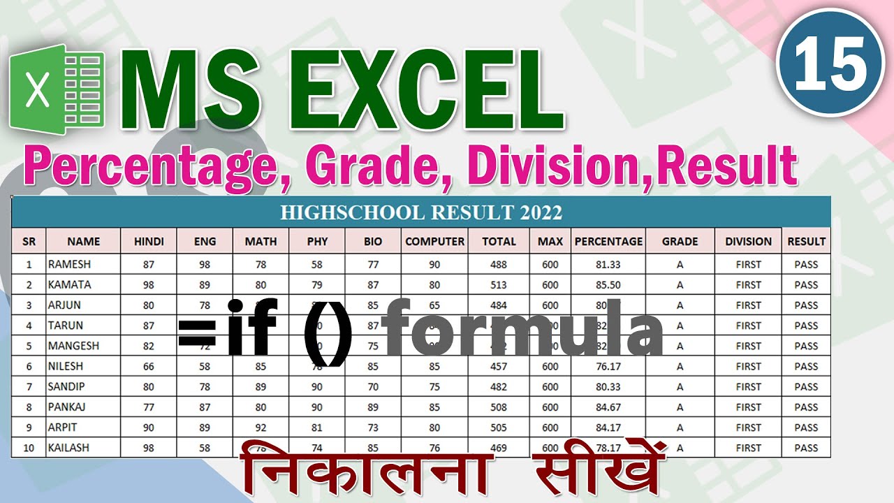 How to Find Percentage, Grades,Divisions and Pass-Fail result in Excel | use of If formula हिंदी में