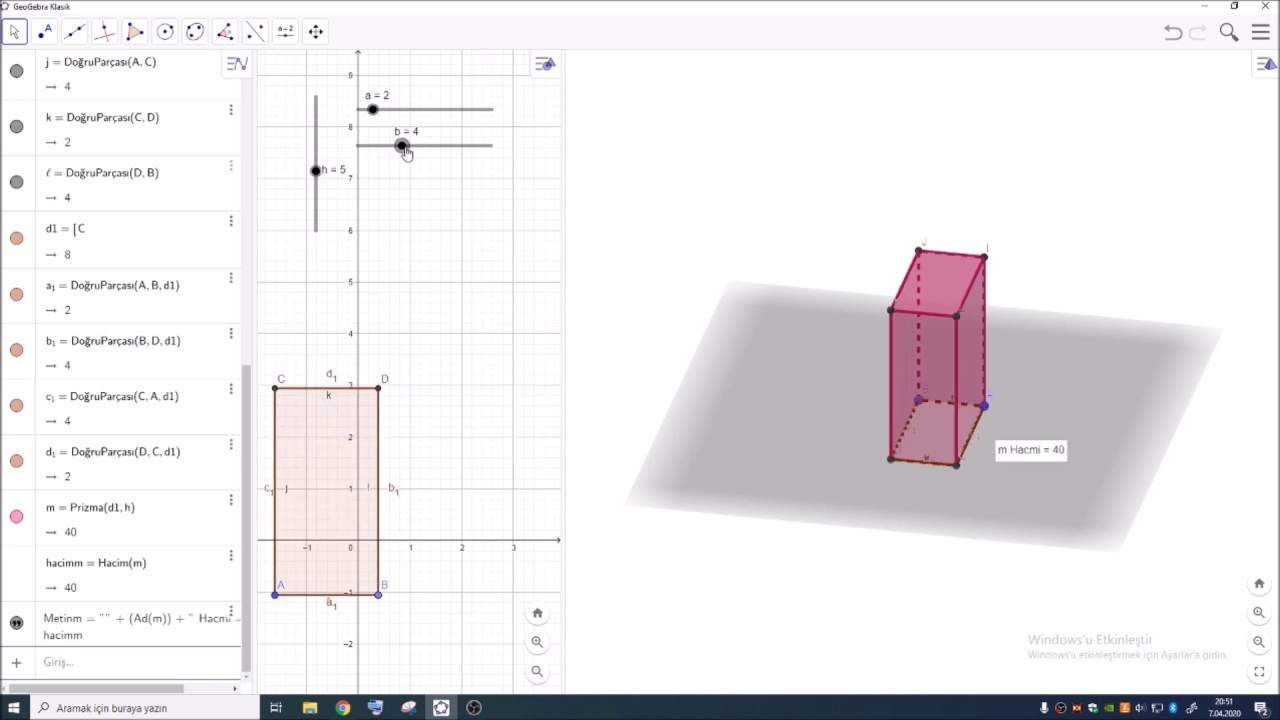 M.6.3.4.4  GeoGebra da dikdörtgenler prizmasının hacmini keşfetme