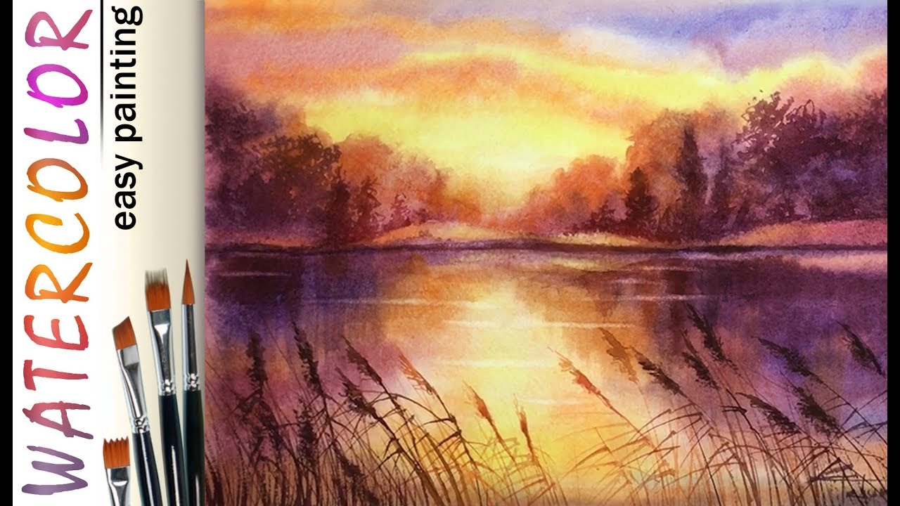 Sunset at lake. All warm tones. How to paint WATERCOLOR 🎨 DEMO