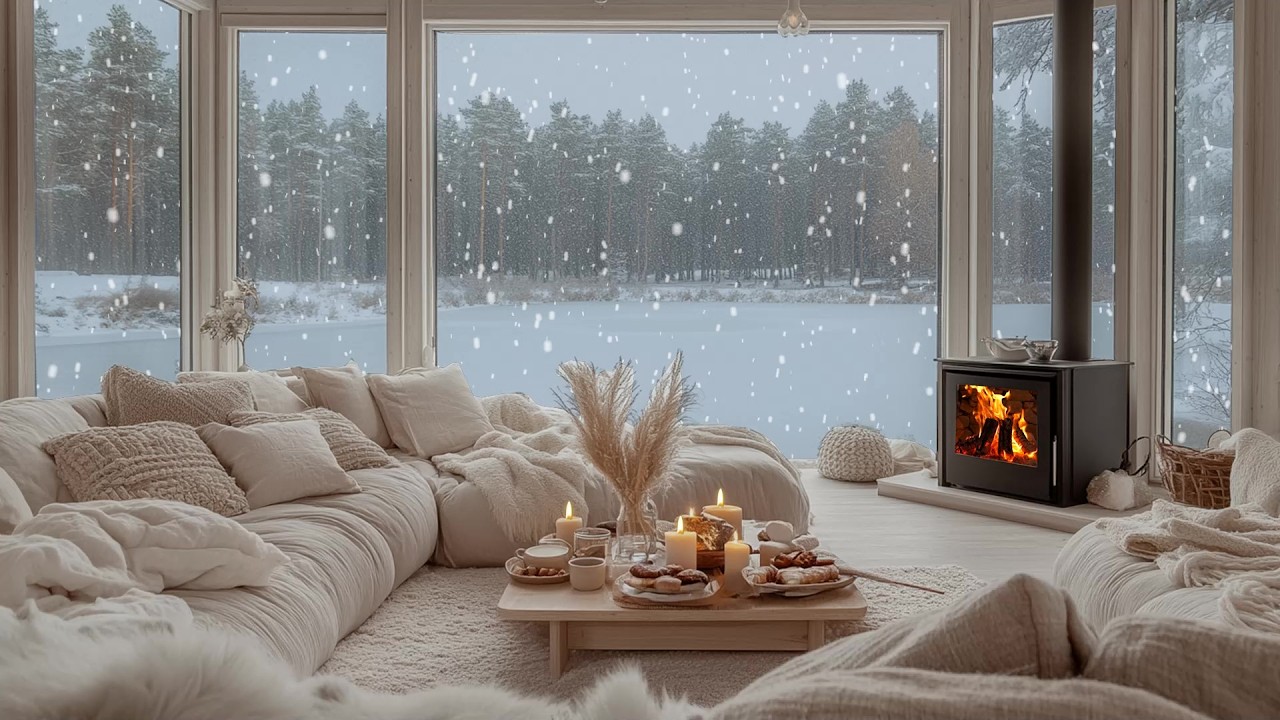 🔥🎶 Hearthside Winter Piano Lounge Setting | Snowfall & White Floral Decor | Deep Work and Calm