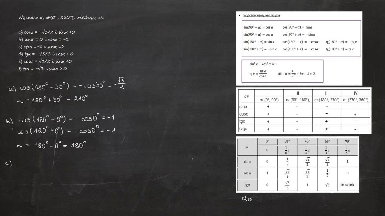 5.59. Wyznacz α, α∈⟨0°, 360°), wiedząc, że: a) cosα = -√3/2 i sinα ⟨0  b) sinα = 0 i cosα = -1