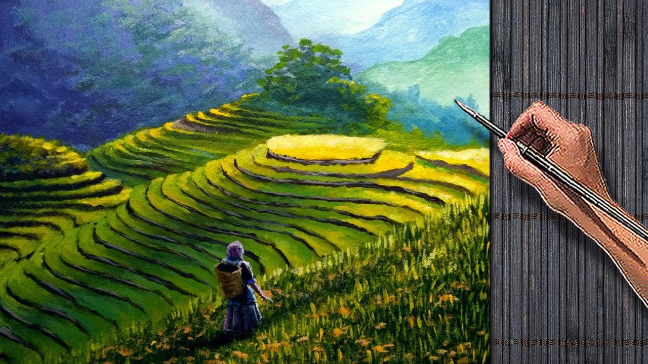 Acrylic Tropical Landscape Painting Time-lapse / Lady Farmer in the Rice Terraces / Fine Arts