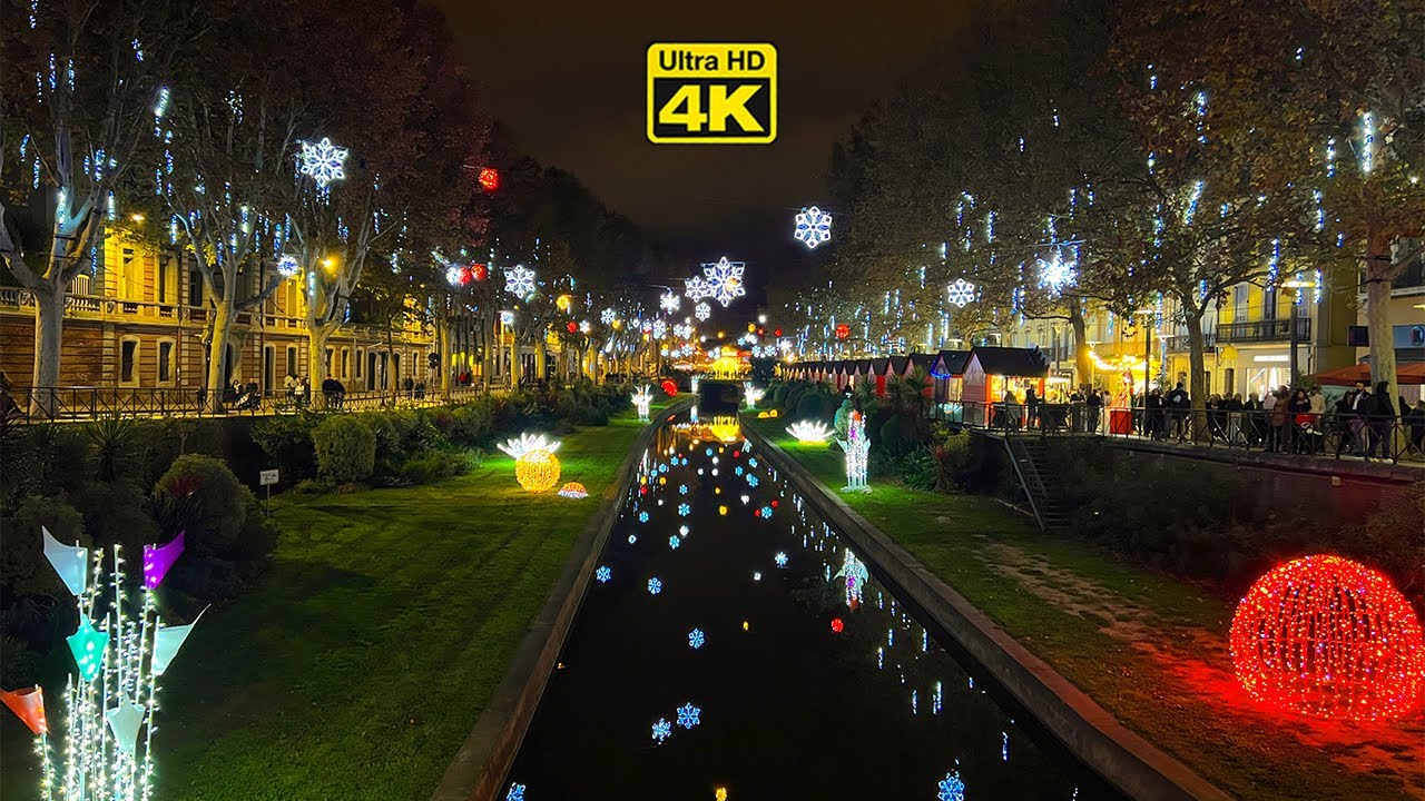 Perpignan, France Evening Tour - 4K 60fps - Subtitled - CHRISTMAS MARKETS