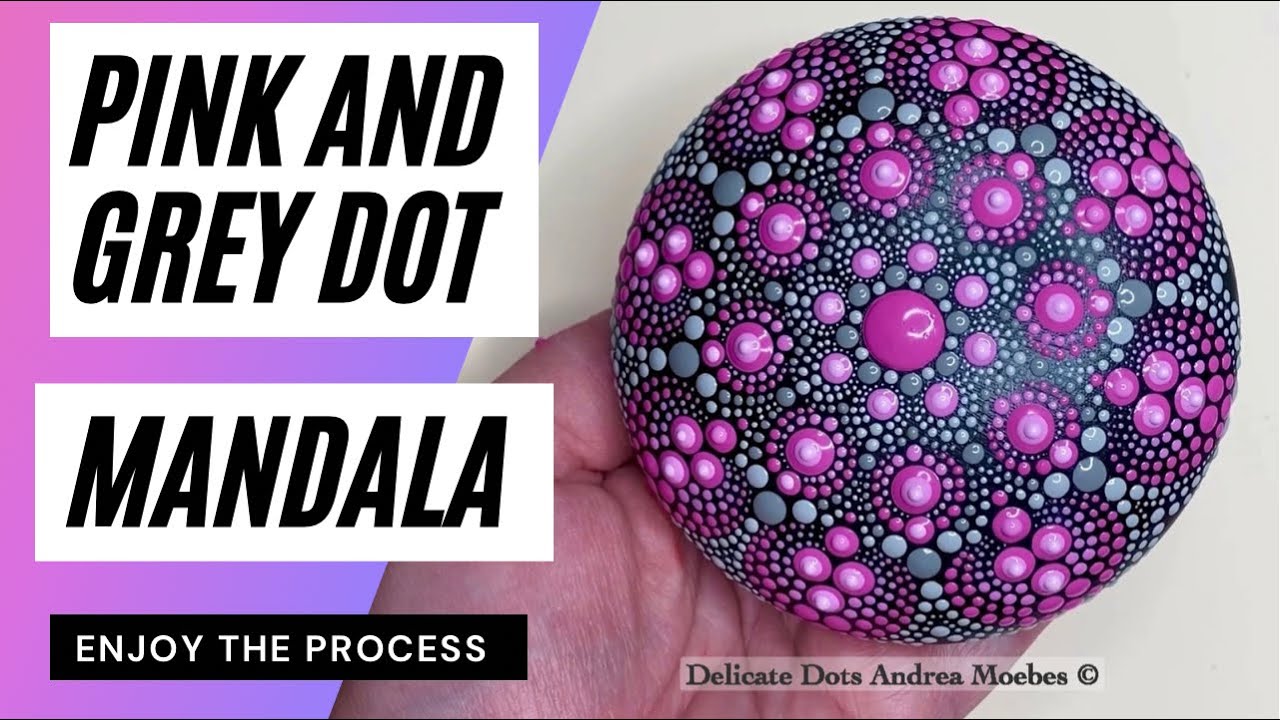 Pink and Grey Dot Mandala Stone painting.