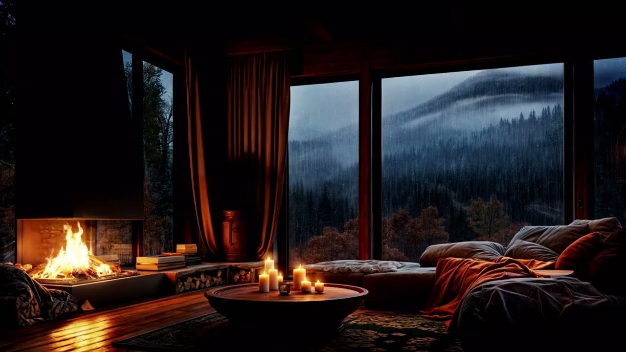 Cozy Night Ambience | Warm Room Atmosphere with Rain & Fireplace