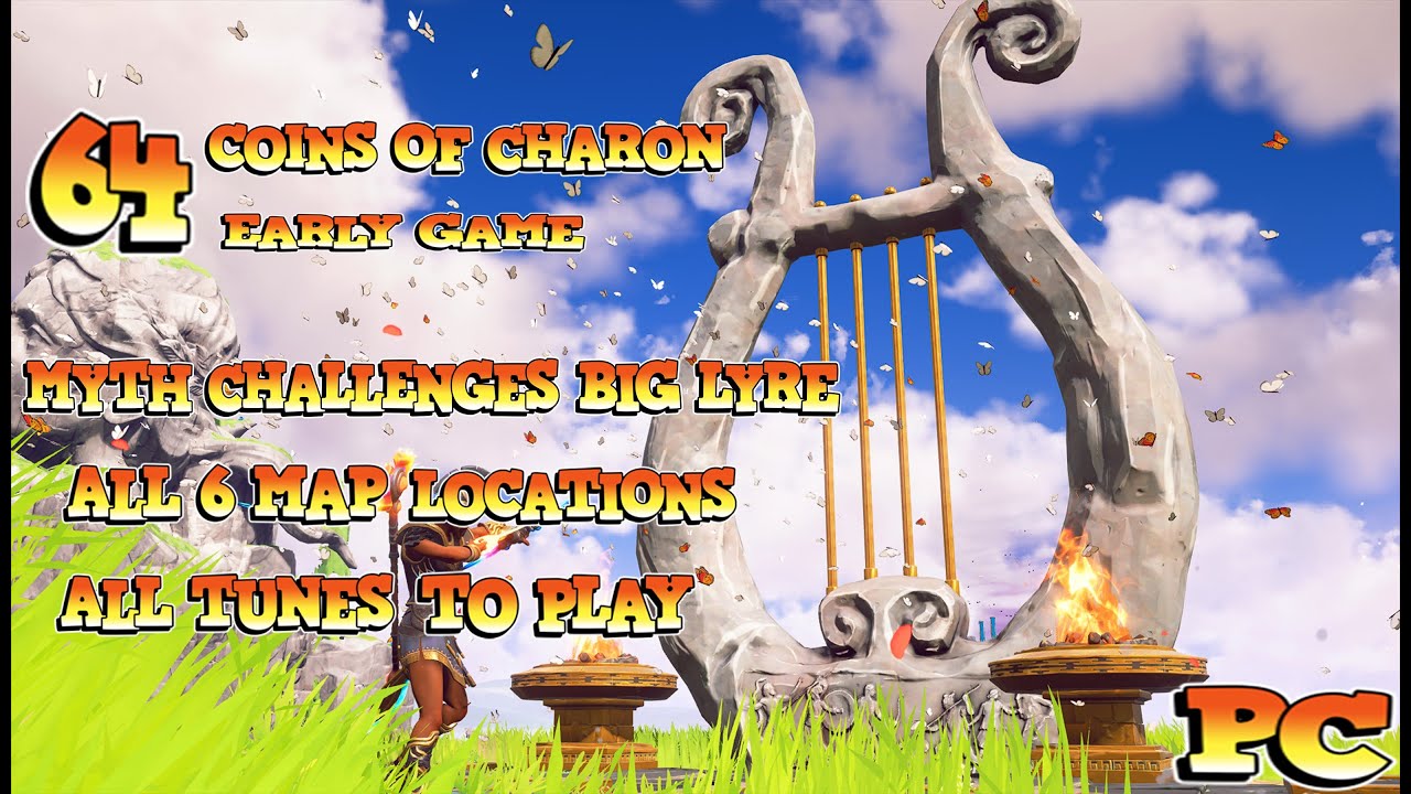 Easy  64 Coins of Charon | Immortal Fenyx Rising | Big Lyre challenge (all map all tunes to play)