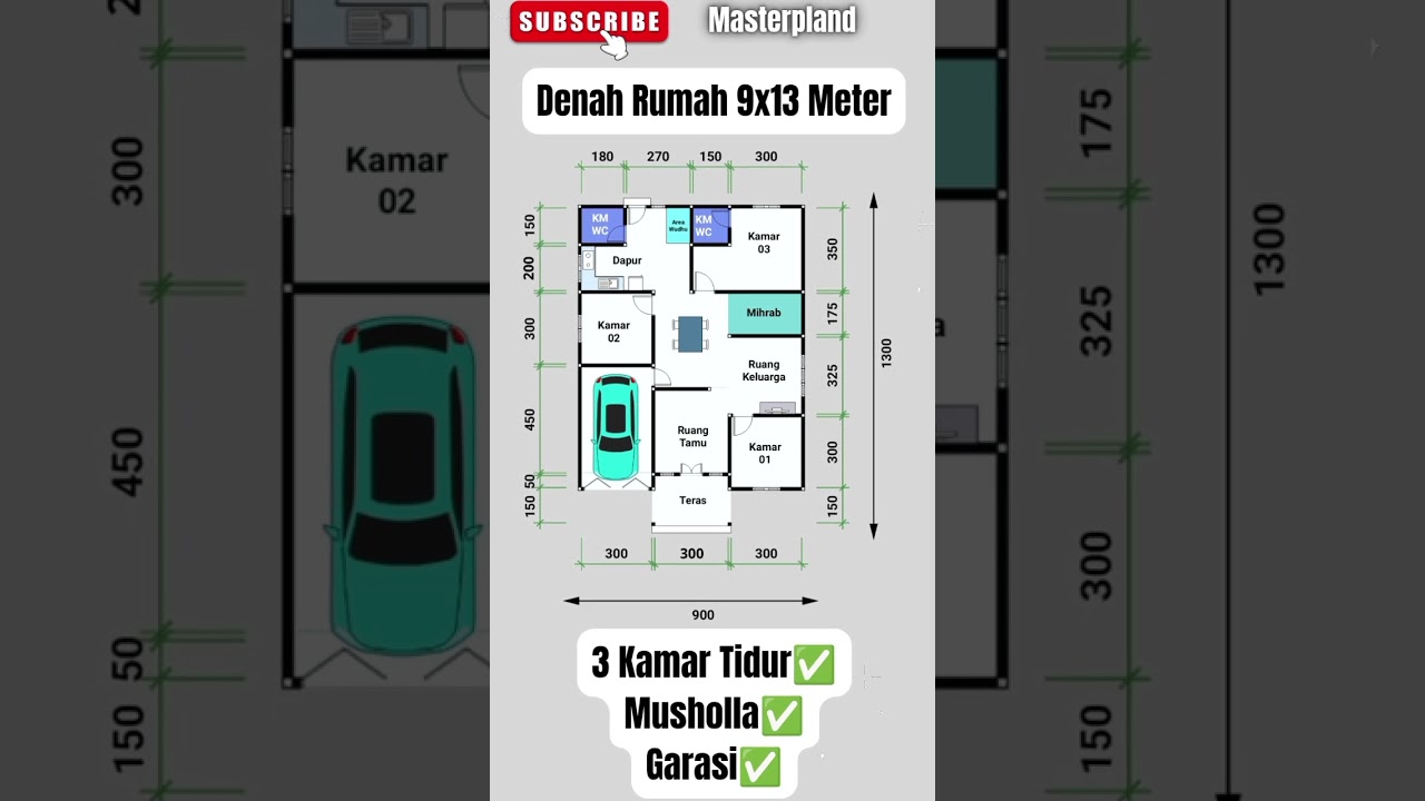 Desain Rumah Minimalis 9x13 Meter 3 Kamar Tidur + Mushola & Garasi Mobil | Desain Rumah Nyaman