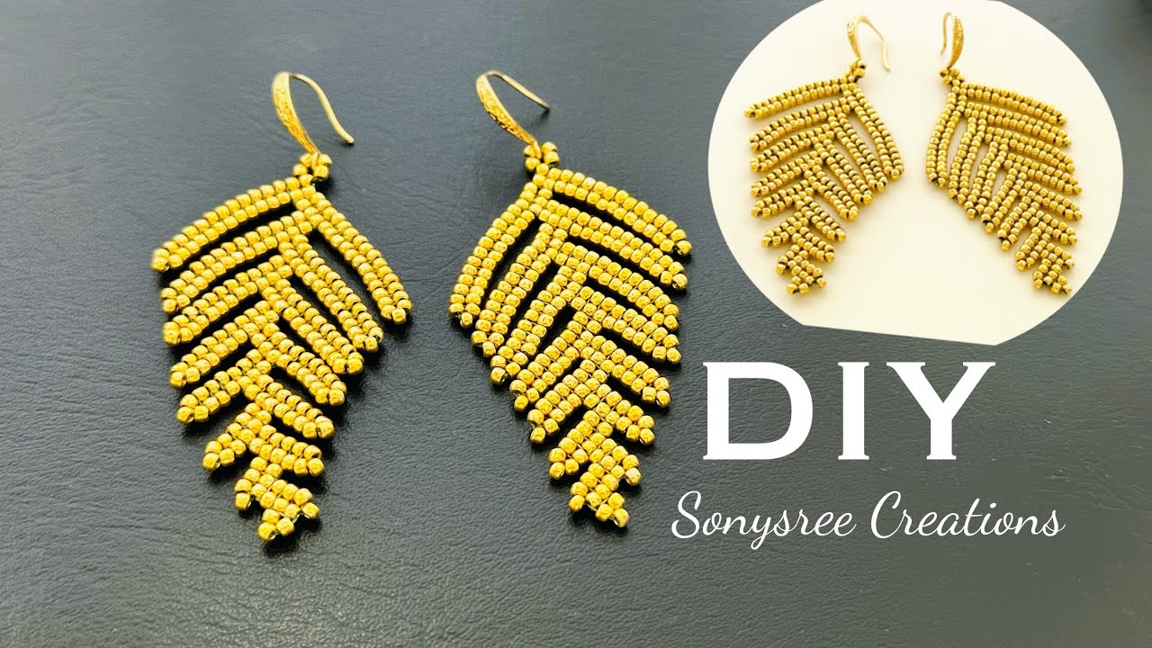 Beads Feather Earrings || Bead leaves earrings || Herringbone stitch earrings