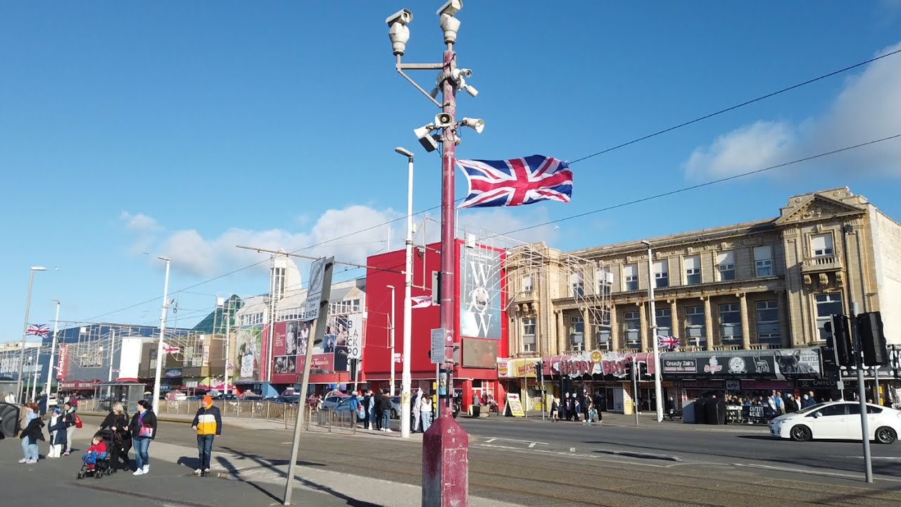 sunny blackpool  the sights and sounds walking around blackpool , busy today. in blackpool