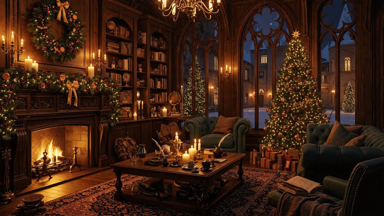 🎄 Magical Christmas Library Ambience 🕯️ Crackling Fireplace & Peaceful Winter Night Sounds