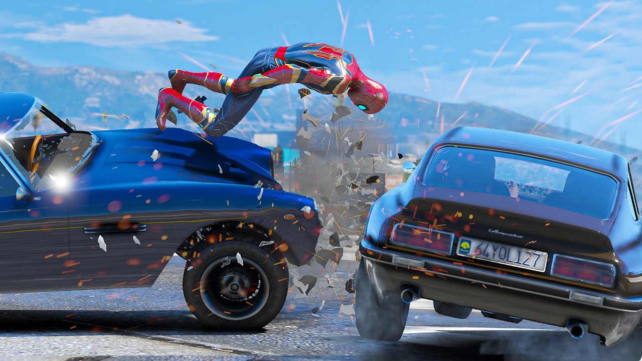 GTA 5 Iron Spiderman Car Crashes - Spider-Man Bike Crash #9 (Euphoria physics)
