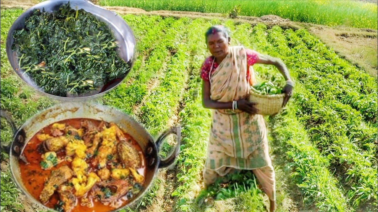 GREEN JACKFRUIT CURRY and ALOO SHAK VAJI cooking & eating by santali tribe grandmaa
