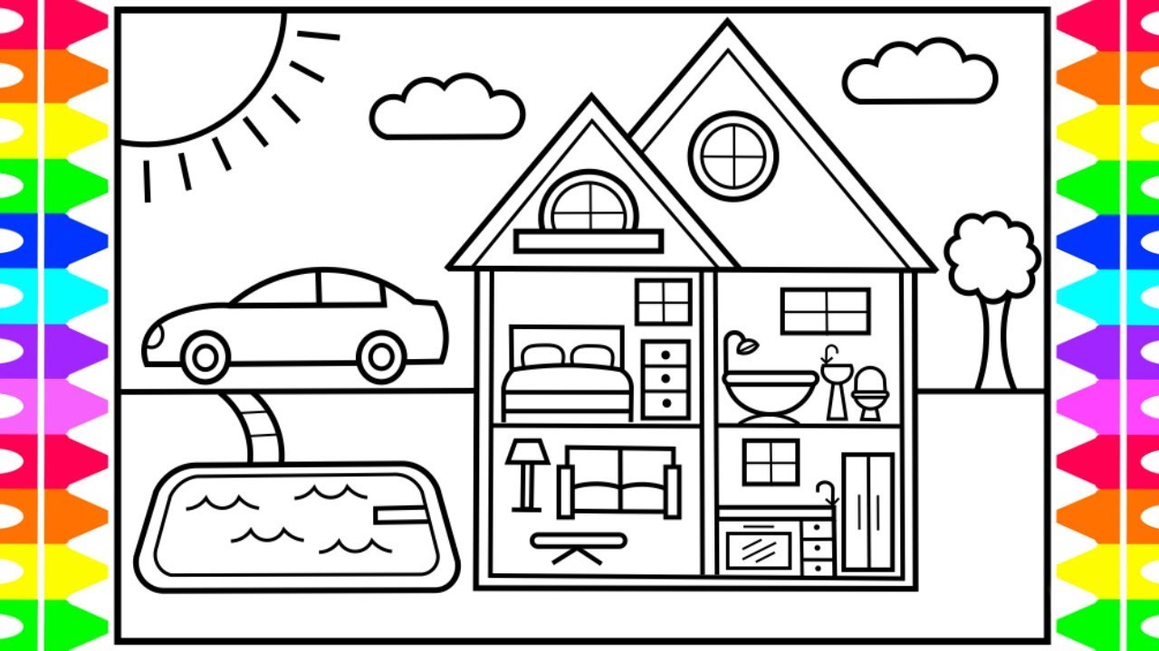 How to Draw a Dollhouse with Pool for Kids 💚💙💜Dollhouse Drawing  | Dollhouse Coloring Pages