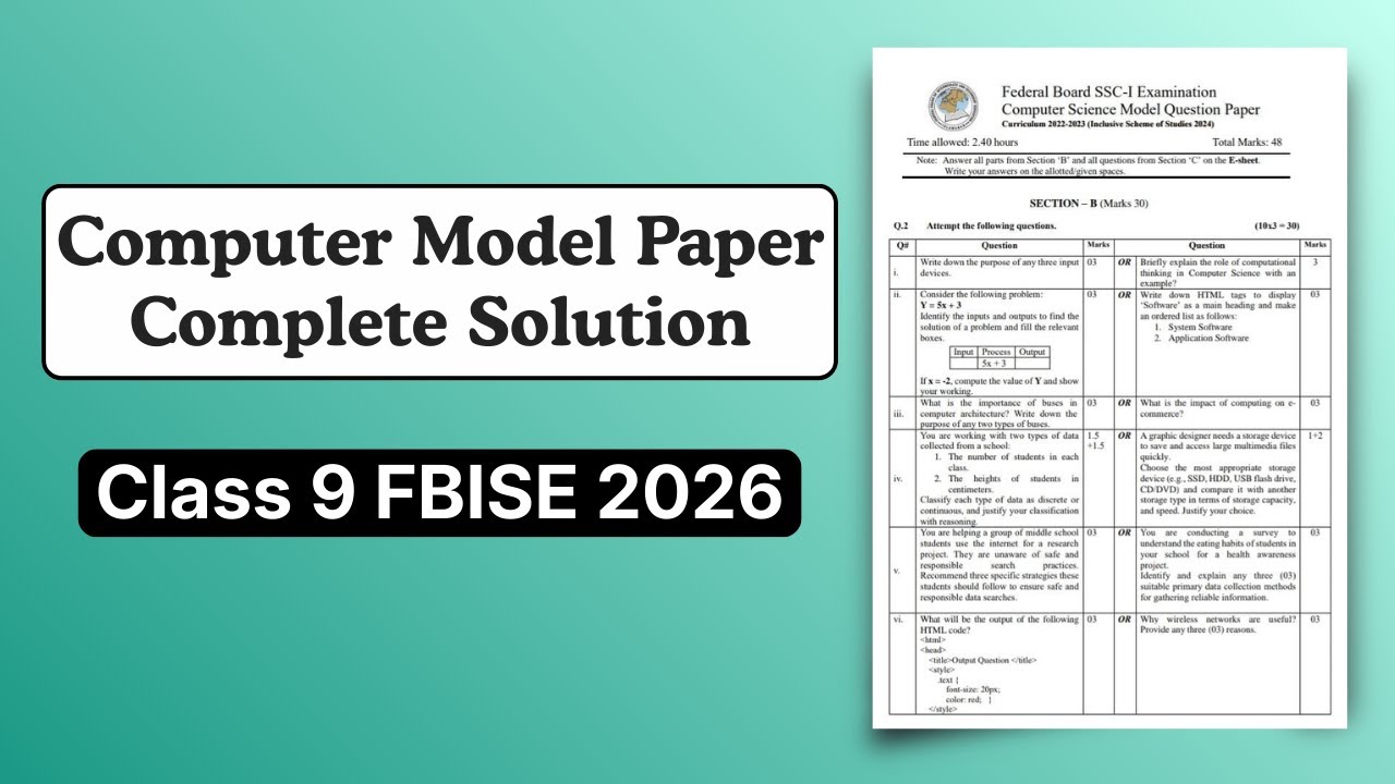 Class 9 Computer Model Paper Solution 2026 Federal Board - Solved Computer Model Paper FBISE 2026