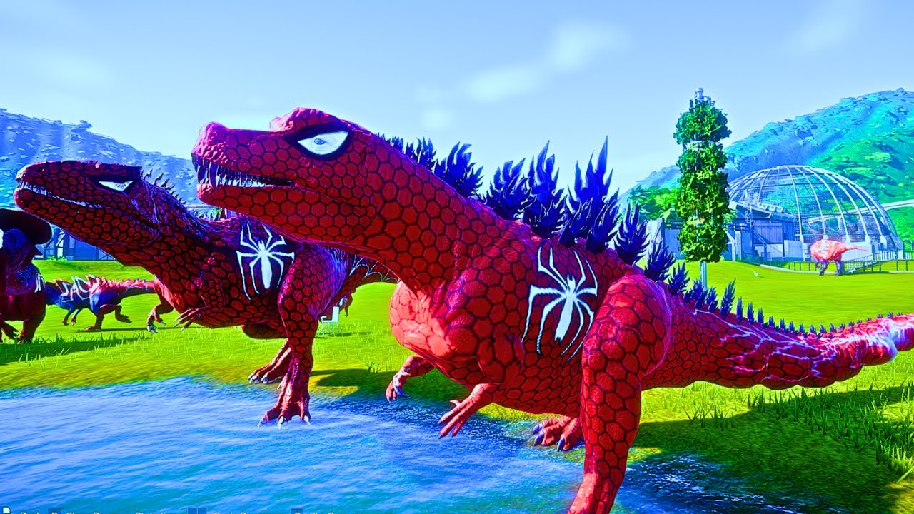 NEW Dinosaur. Spiderman Godzilla is on stage. Epic Red Blue Spiderman Dinosaurs in Jurassic World.