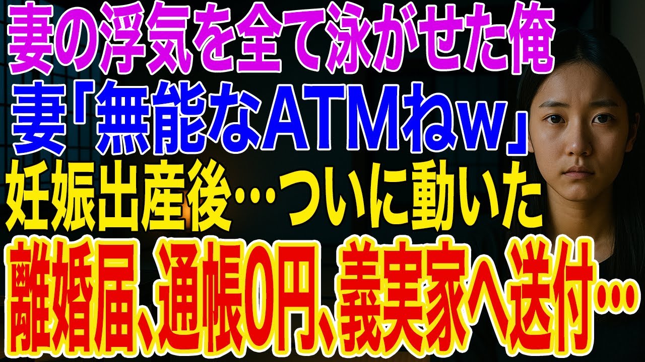【修羅場】妻の浮気を泳がせた俺「全部報告してね」妻「無能なATMねw」妊娠出産後➡離婚届と通帳0円と証拠を義実家に送付した結果、半狂乱の妻から鬼電が…