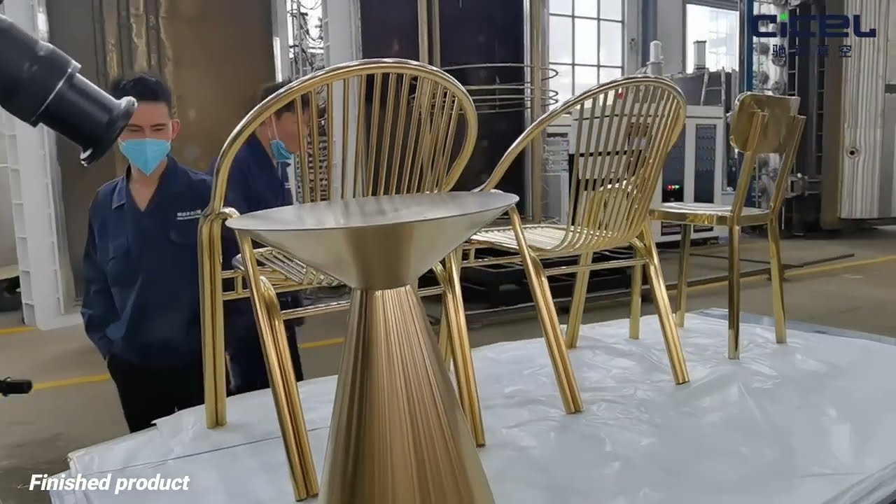 PVD coating machine for stainless steel furniture chairs, tables and parts coating.