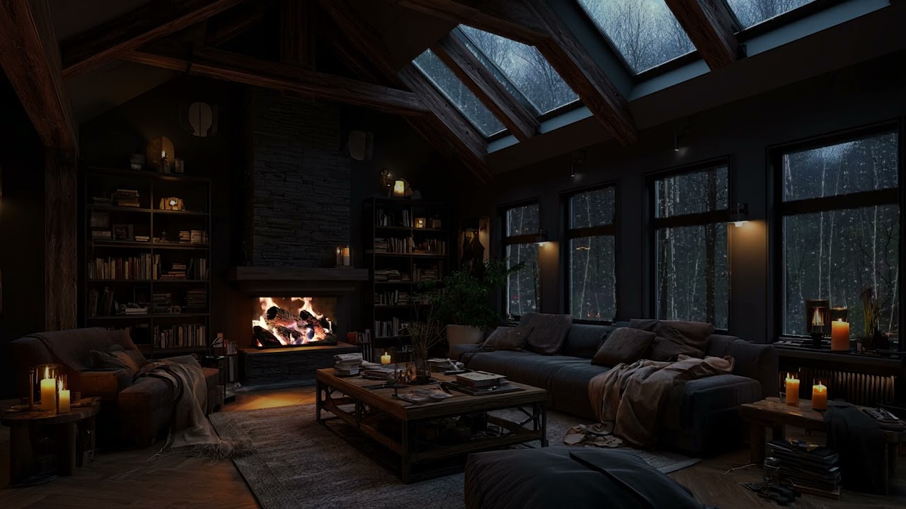 Heavy Rain on Window with Fireplace 🔥🌧 Relaxing Cozy Room for Insomnia Relief