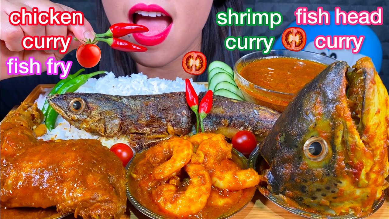 MASSIVE EATING SPICY CHICKEN CURRY, BIG FISH HEAD CURRY, SHRIMP CURRY, FISH FRY ASMR Sounds