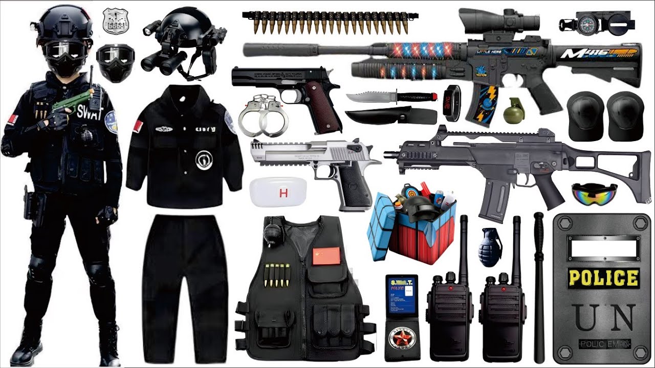 Unpack and collect toy guns, G36 submachine guns, M14 assault rifles, Colt 1911 pistols, and daggers