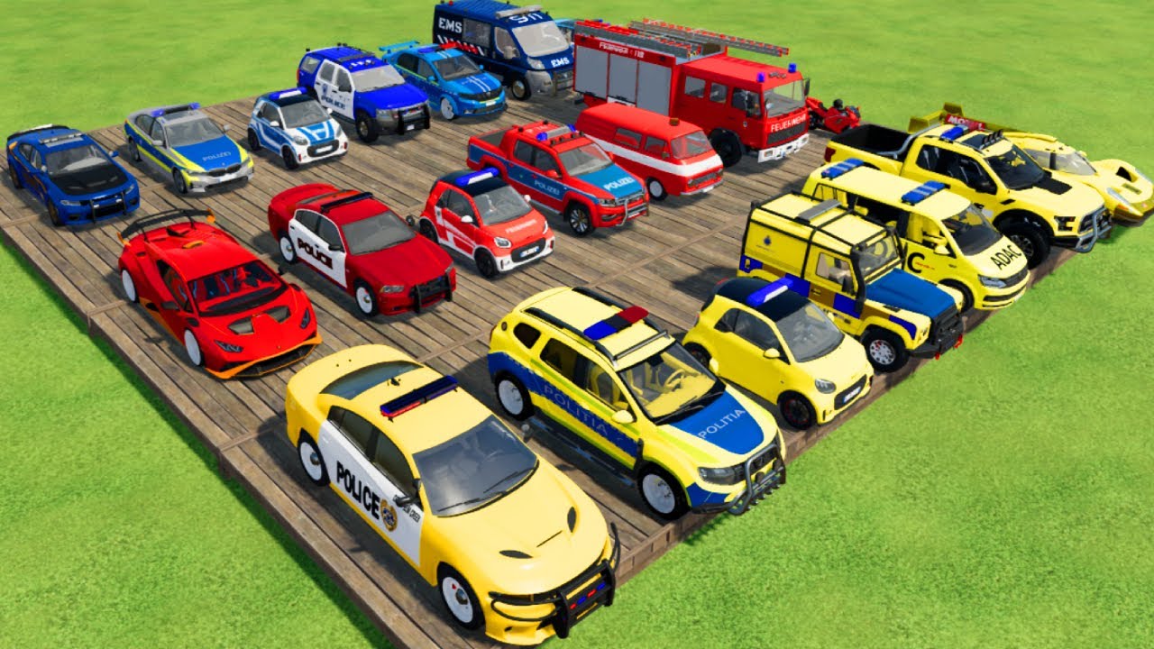 TRANSPORTING CARS, AMBULANCE, POLICE CARS, FIRE TRUCK OF COLORS! WITH TRUCKS! - FS 22