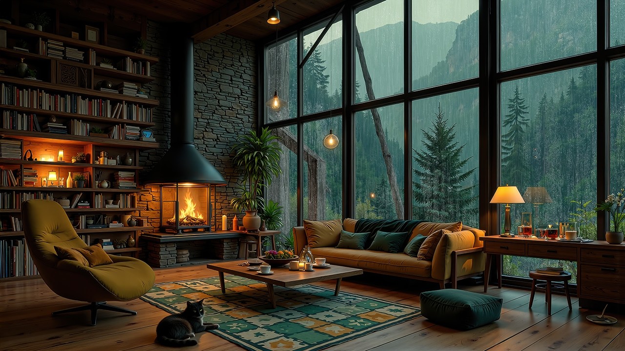 Quiet Rainy Night in a Cozy Cabin - Soft Jazz by the Fireplace for Peaceful Mood