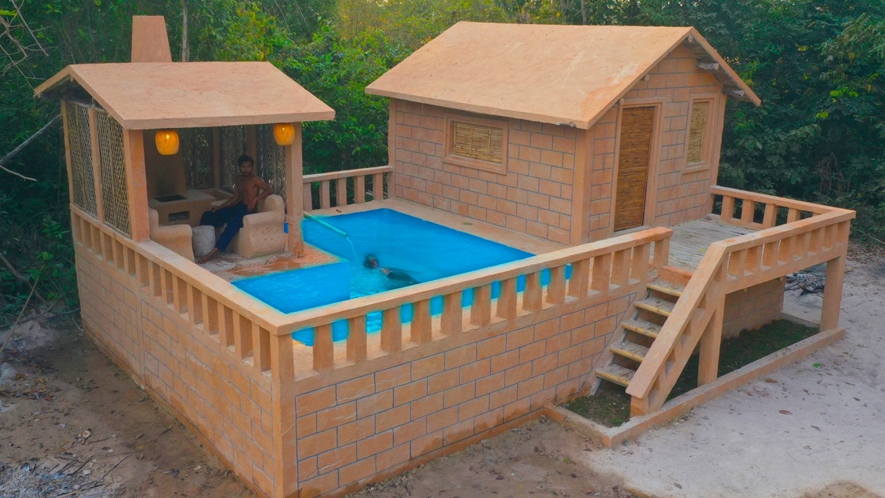 90 Days Building A Modern Mud House Using Primitive Tools With Swimming Pool