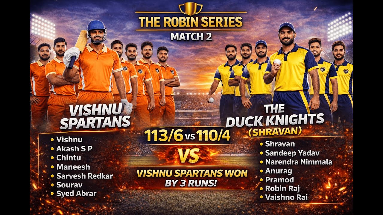 🏏 The Robin Series – Match 2 | Vishnu Spartans vs The Duck Knights (Shravan) 🔥