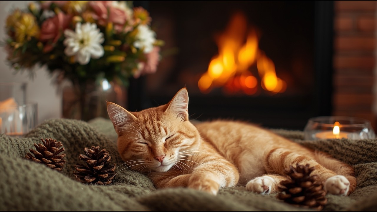 Fireplace with Purring Cat 🔥 Cozy ASMR Sleep Music for Deep Relaxation