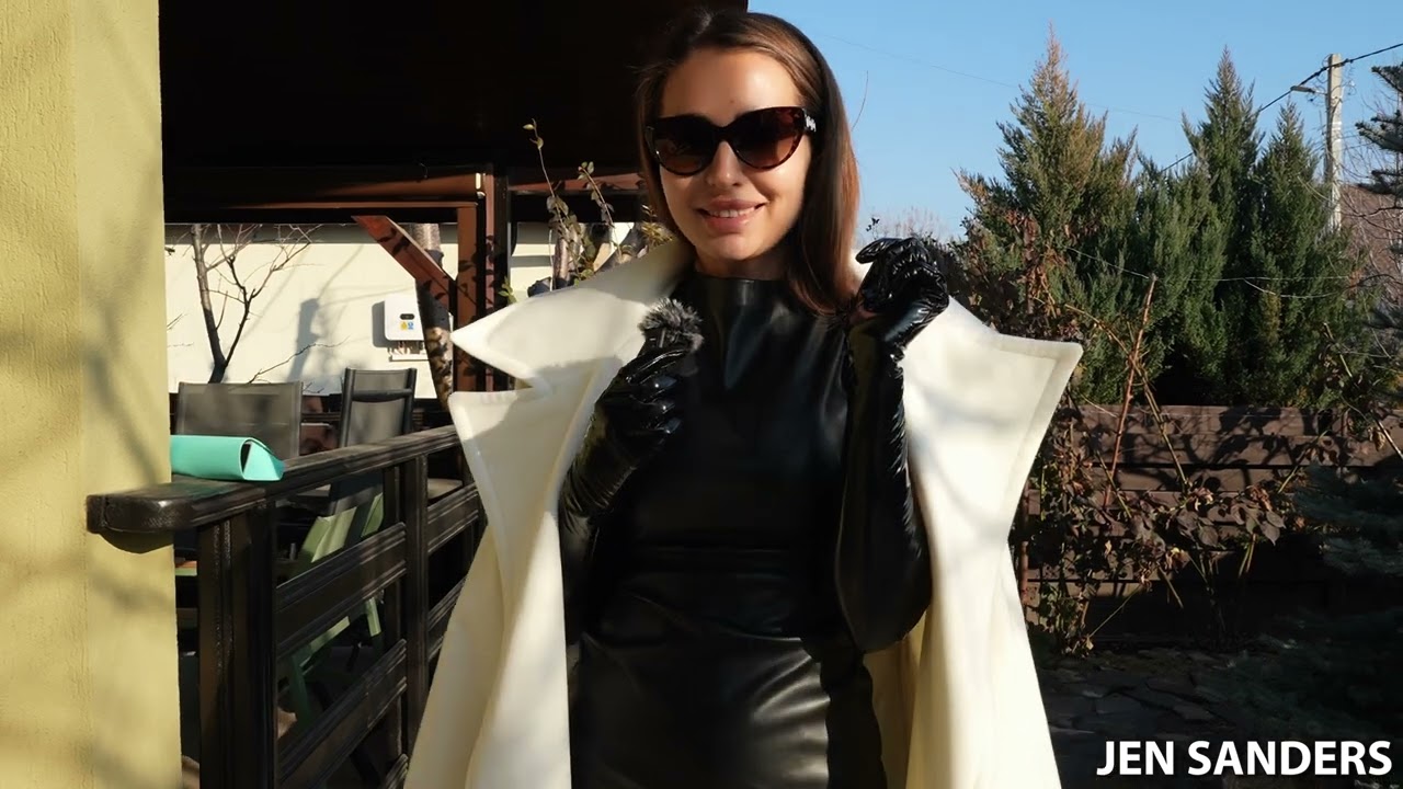 Mob Wife Style | Ankle Boots, Black Tights, Mini Leather Dress, Long Gloves and Long White Coat