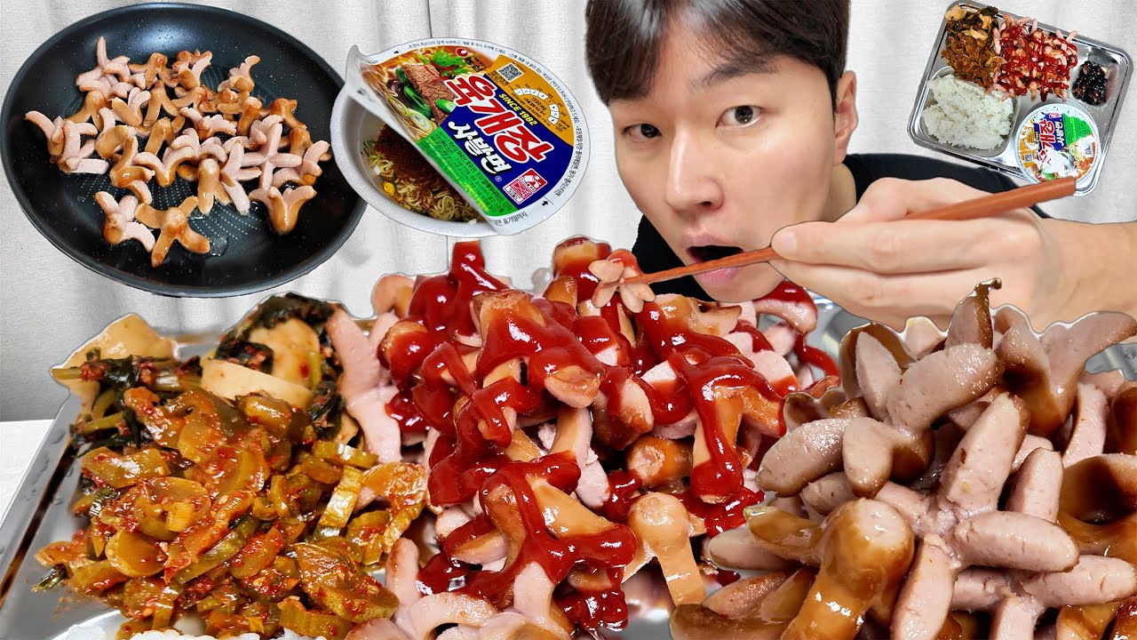 Сосиски + лапша юкгаеджан (блюдо из сосисок) – тарелка готова! #мукбанг #полуночныйперекус