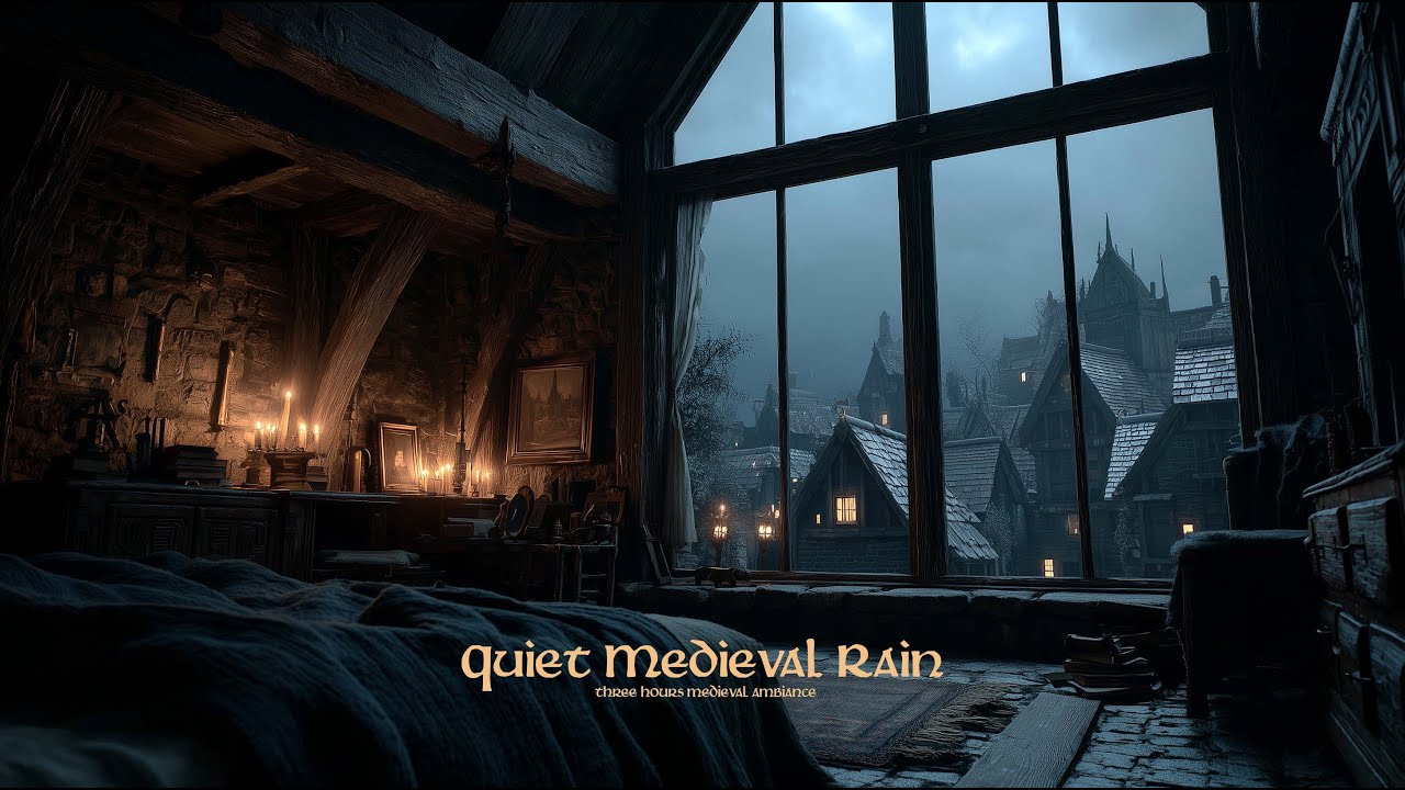 Heavy Rain Falling Outside a Medieval Window | Night Ambience