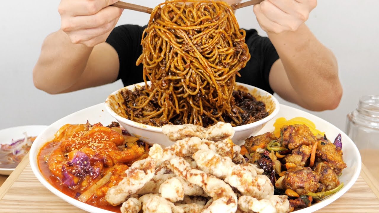 중식 - 차돌매운짜장면 + 칠리새우 + 깐풍기 + 찹쌀 탕수육 리얼사운드 ASMR 먹방 social eating Mukbang(Eating show)