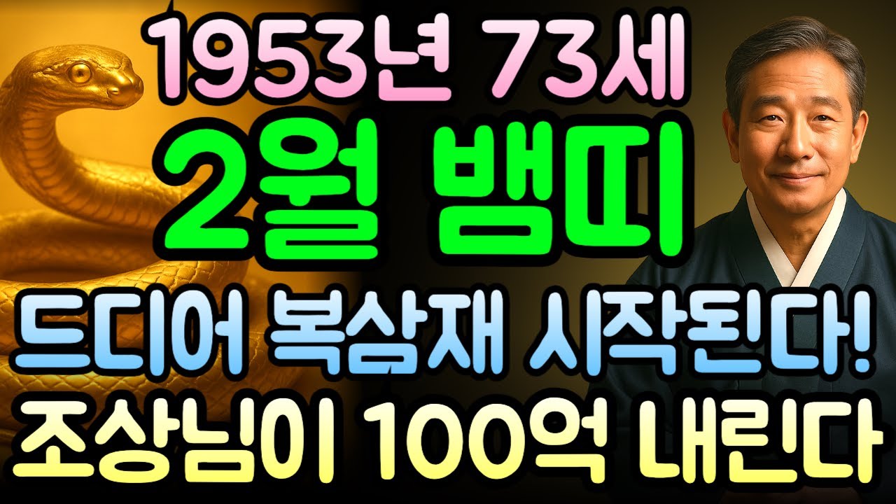 계사년생 뱀띠 1953년 73세 2026년 2월 병오년 운세 심각합니다! 좋은 의미로 심각해요. 금전운 폭발하고 대박 연속되는 한 달인데 행운의 문 활짝 열린 지금 놓치면?