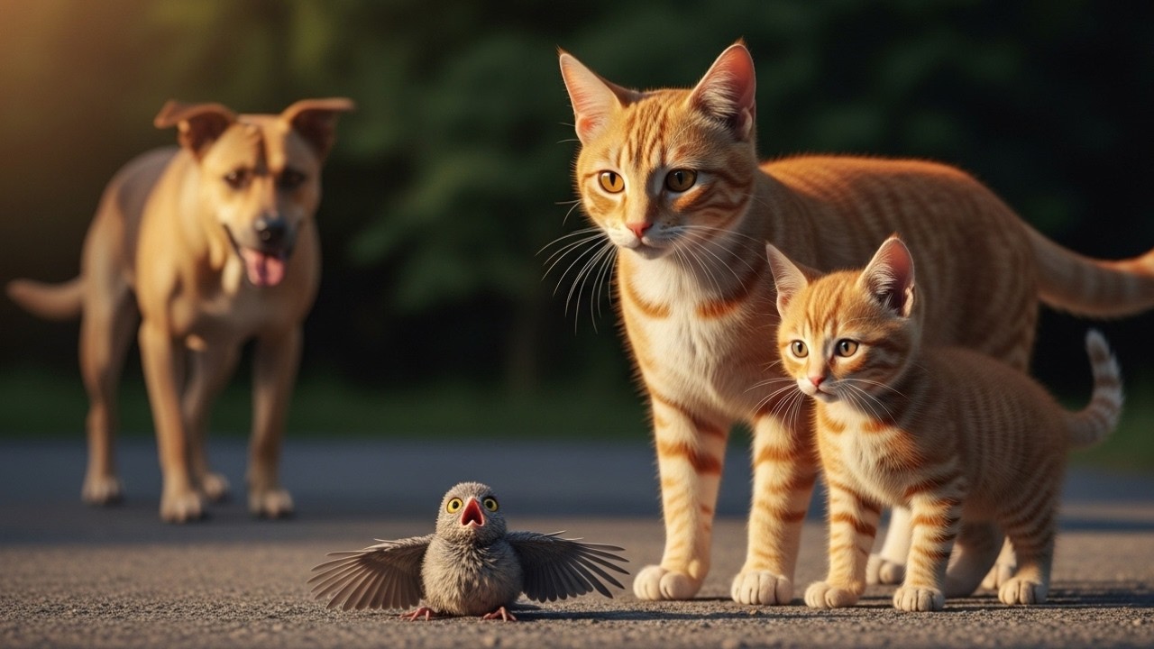 母猫と茶トラの子猫が残酷な犬から小さな鳥を救う