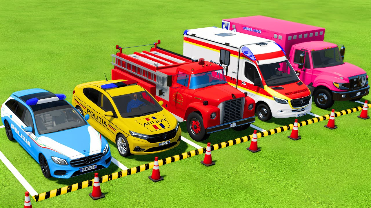 TRANSPORTING POLICE CARS, FIRE BRIGADE, AMBULANCE EMERGENCY VEHICLES WITH SCANIA TRUCKS ! FS22