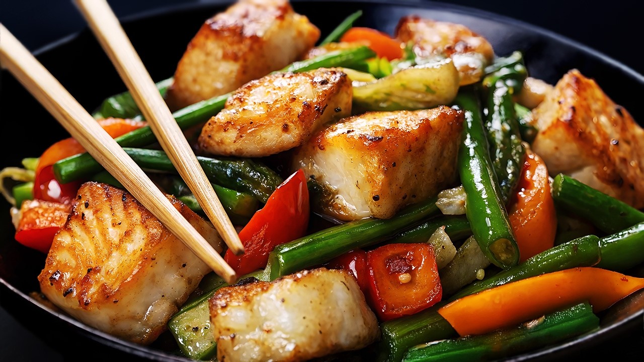 Gebratener Fisch mit Gem&uuml;se! Asiatisches, einfaches und gesundes Rezept f&uuml;r gebratenes Fisch