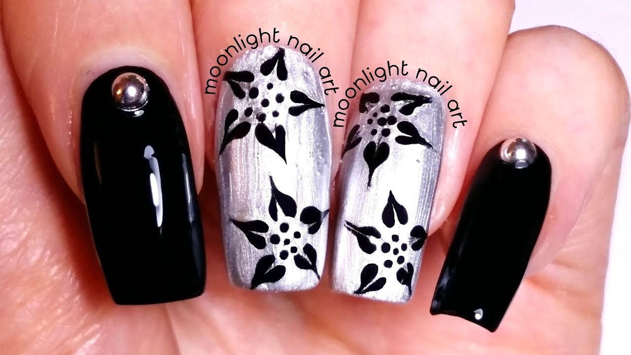Drag Marble Floral Nail Art: Black and Silver Design Tutorial– by Moonlight Nail Art