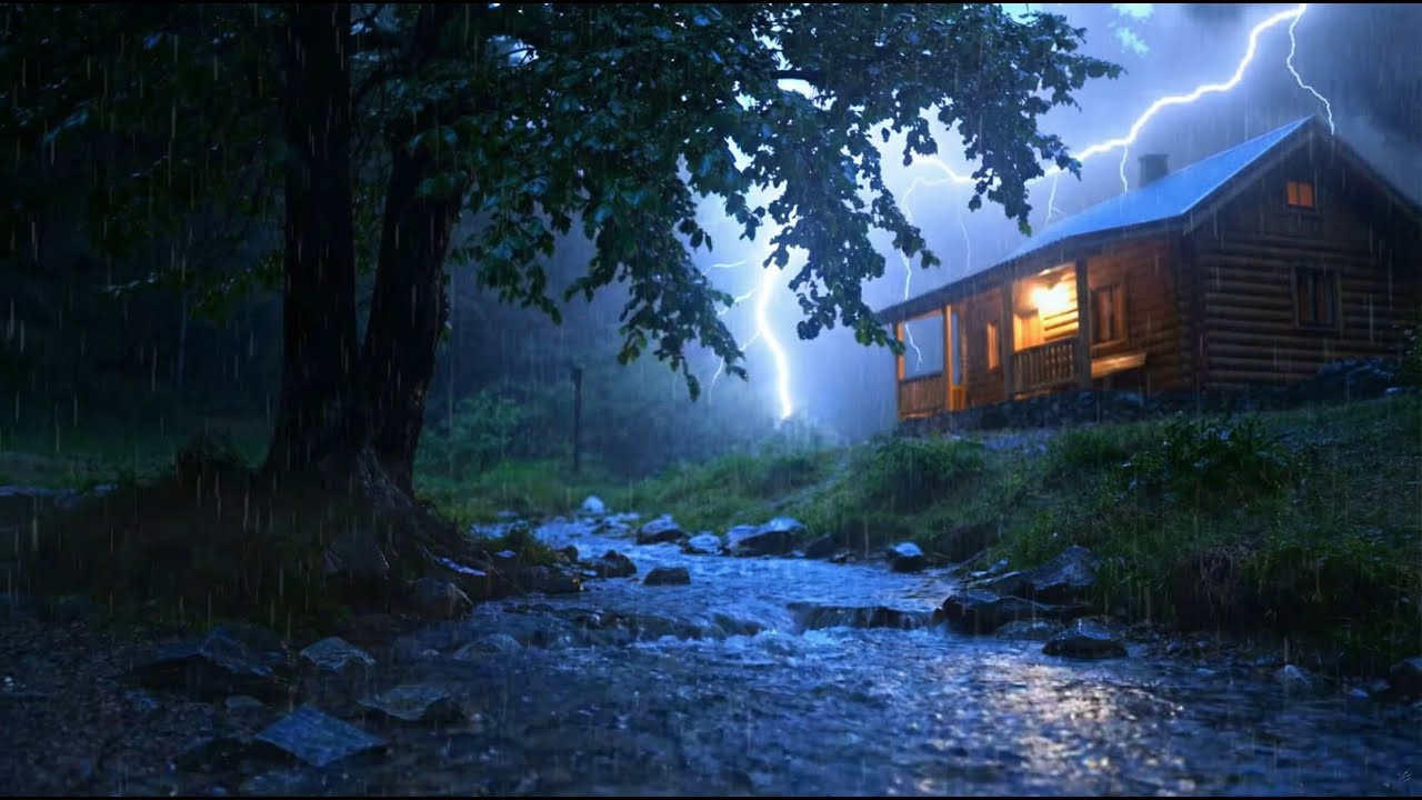 Cozy Forest Cabin with Waterfall in a Thunderstorm ⚡ Rain Sounds for Sleep