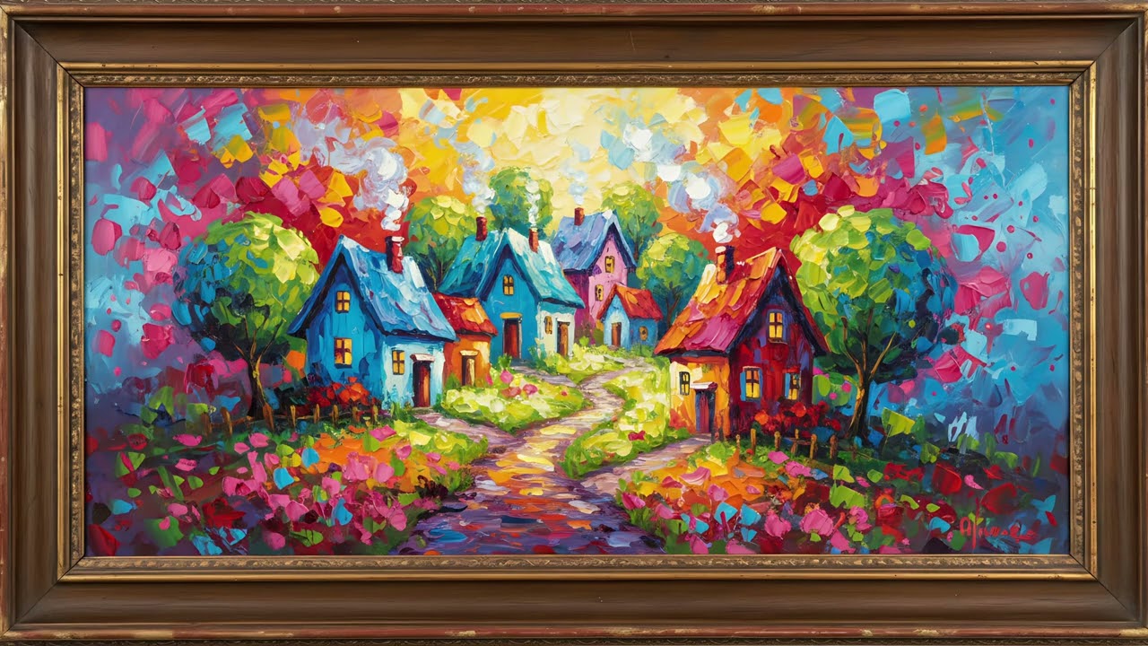 Cozy Village Landscape Painting | Gold Frame TV Art | Vintage Village Art Screensaver for TV