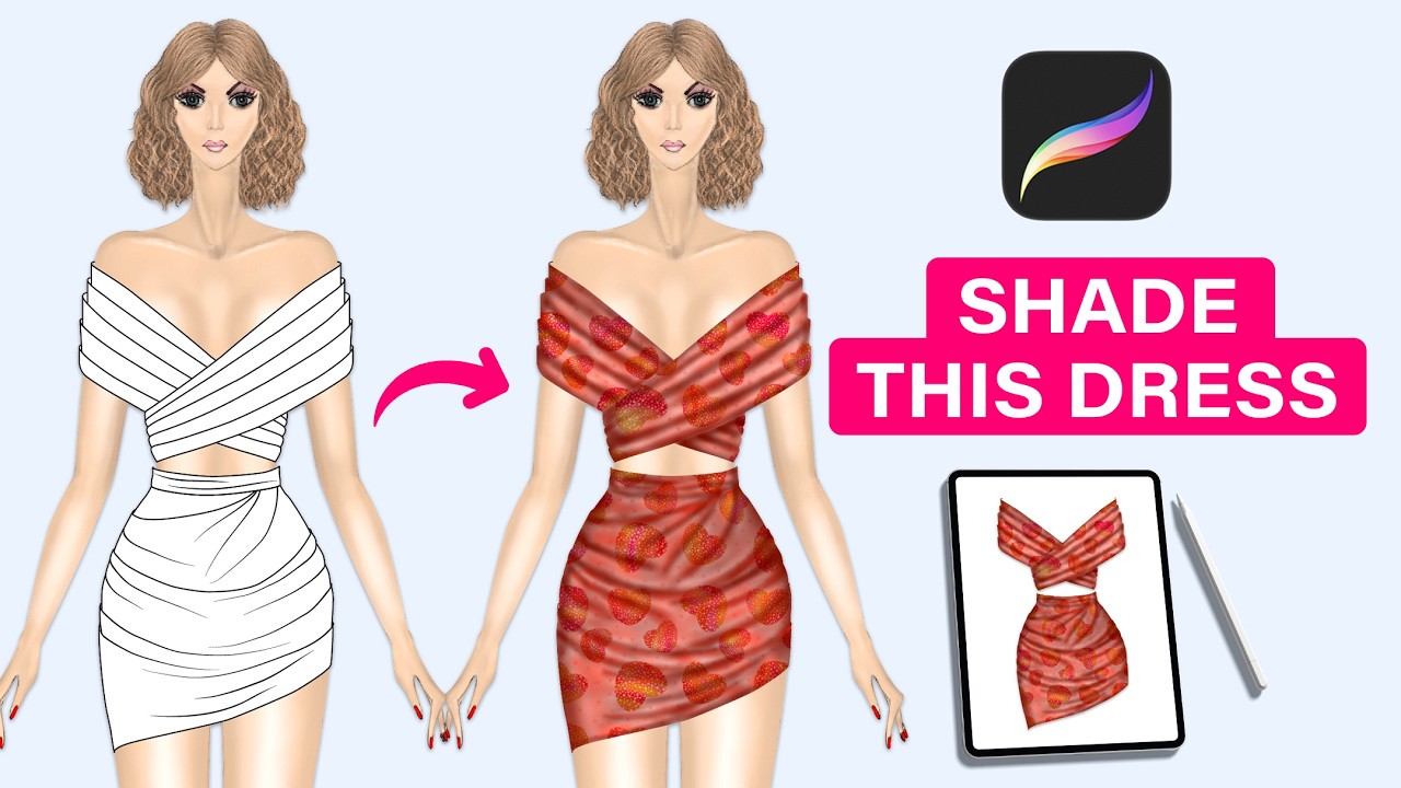 Платья без рисунка? Как затенить драпированный лиф в Procreate для начинающих (модная иллюстрация)