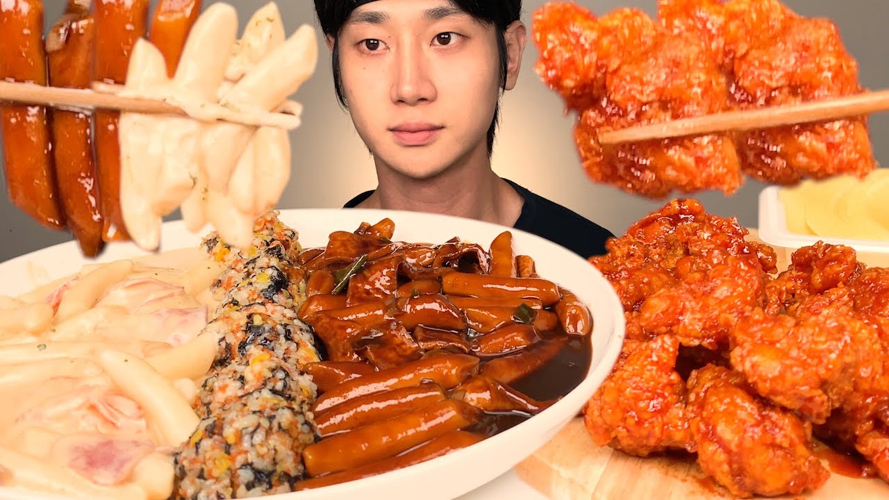 배떡 크림새우떡볶이, 짜장떡볶이 & 순살양념치킨, 날치알주먹밥 먹방 리얼사운드 ASMR Cream & Black bean sauce Tteokbokk, Chicken MUKBANG