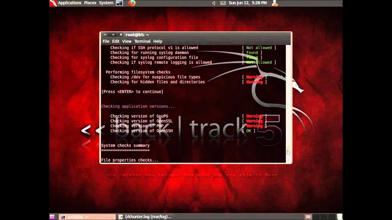 Backtrack 5 Gnome - chkrootkit and rkhunter
