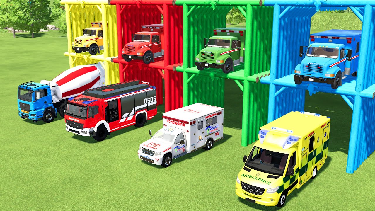 TRANSPORTING MIXER TRUCK, AMBULANCE, FIRE TRUCK, POLICE CARS TO GARAGE | FS22 SIMULATOR 22