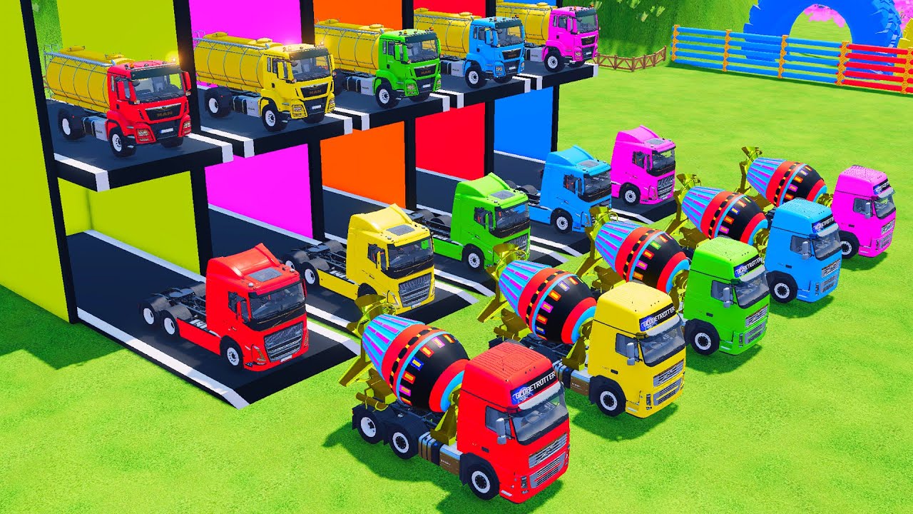 Garage with Colors - ALL MIXER TRUCK WITH DOUBLE FLATBED TRAILER TRUCK, MACK, MERCEDES, FREIGHTLINER