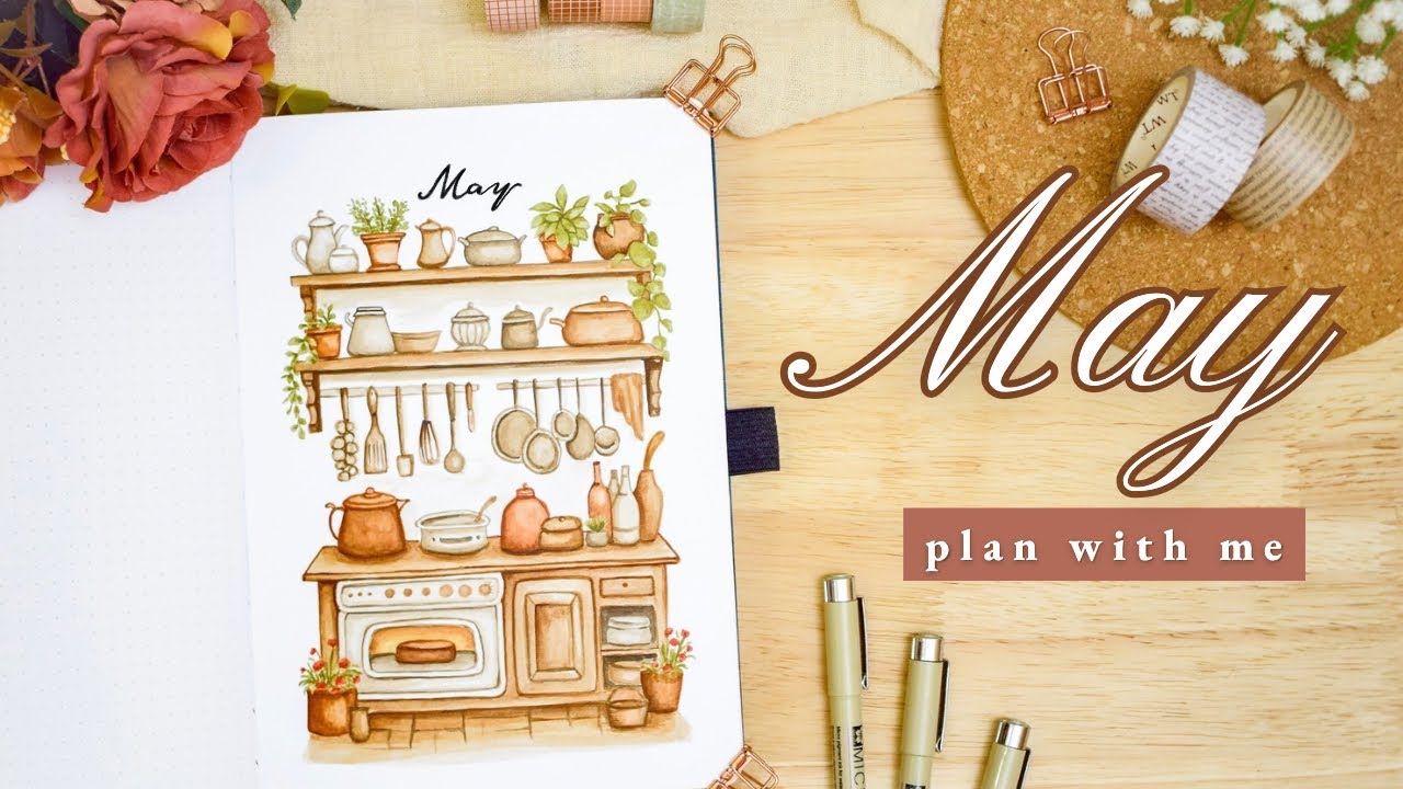 May 2024 Bullet Journal Setup &bull; PLAN WITH ME 🥘 Vintage Kitchen Monthly BuJo Theme with Watercolors